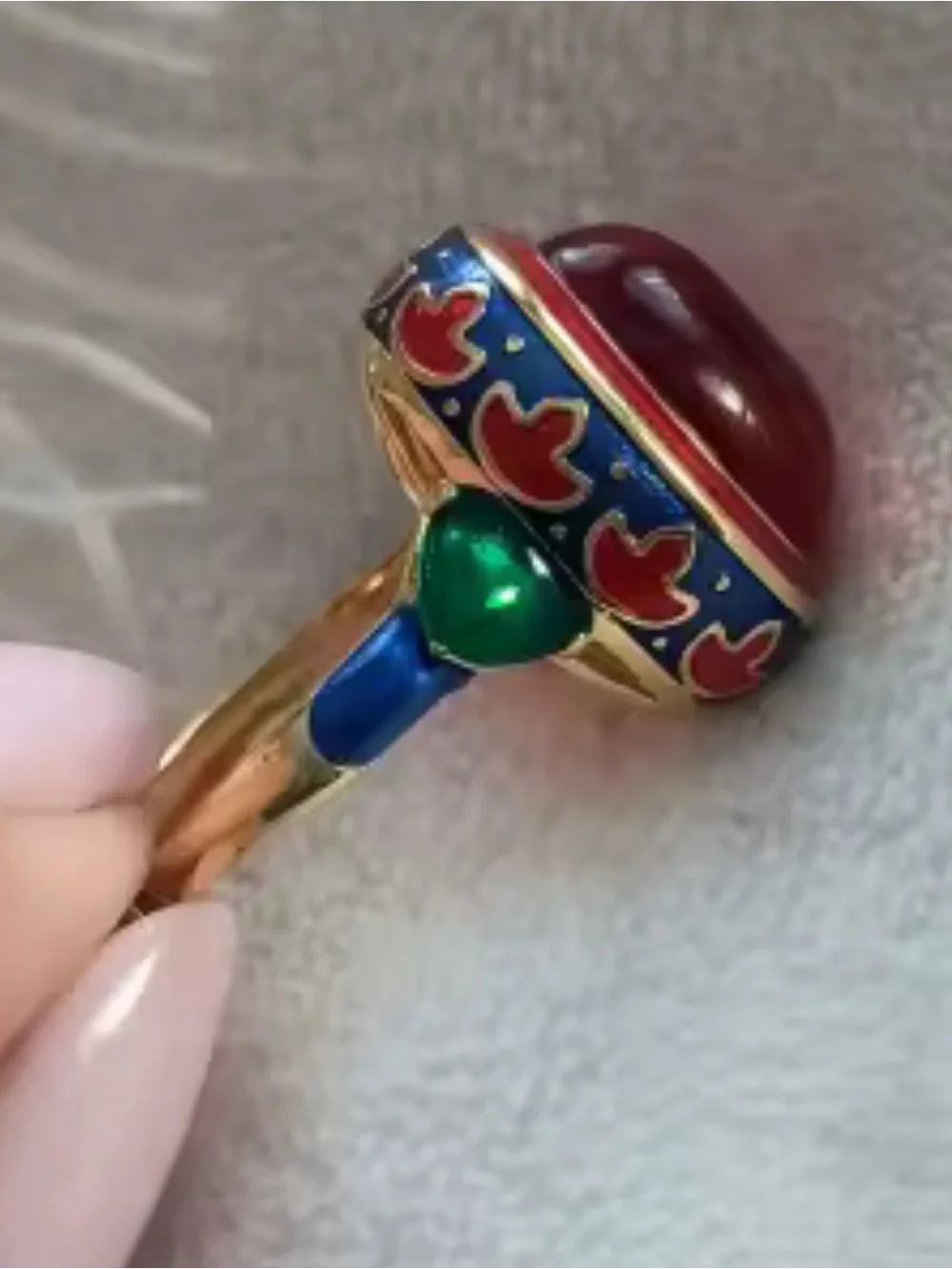 Vintage adjustable Gold-Tone Red Cabochon Multicolor Enamel Statement Ring